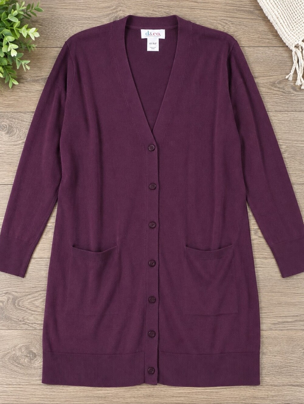 d.e.c.o. Long Plum Button-Front Cardigan
